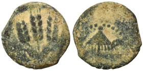JUDAEA. Herodians. Agrippa I, 37-43. Prutah (bronze, 2.18 g, 16 mm), Jerusalem. Umbrella-like canopy with fringes. Rev. Three grain ears; L ς (date) f...