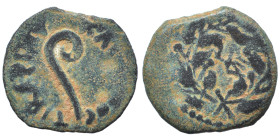 JUDAEA. Pontius Pilate under Tiberius, 26-36. Prutah (bronze, 1.27 g, 15 mm). Date in wreath. Rev. TIBEPIOY KAI[CAPOC] Lituus. Hendin 1342; Meshorer 3...