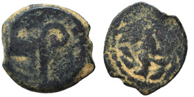 JUDAEA. Pontius Pilate under Tiberius, 26-36. Prutah (bronze, 1.89 g, 15 mm). Date in wreath. Rev. [T]IBEPIOY [KAICAPOC] Lituus. Hendin 1342; Meshorer...