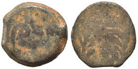 JUDAEA. Pontius Pilate under Tiberius, 26-36. Prutah (bronze, 2.33 g, 16 mm). Date in wreath. Rev. [T]IBEPIOY [KAICAPOC] Lituus. Hendin 1342; Meshorer...