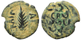 JUDAEA. Procurators, Porcius Festus 59-62. Prutah (bronze, 2.02 g, 16 mm), Jerusalem. NЄP-ѠNO-C in three lines within wreath. Rev. L Є KAIC-APOC Palm ...