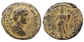 PISIDIA. Antioch. Elagabalus, 218-222. Ae (bronze, 4.88 g, 24 mm). ANTONINVS PIVS AVG Laureate, draped and cuirassed bust right. Rev. Tyche of Antioch...