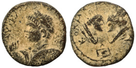 MESOPOTAMIA. Edessa. Elagabalus, 218-222. Ae (bronze, 5.75 g, 21 mm). Laureate, draped and cuirassed bust left, holding shield and spear. Rev. Confron...