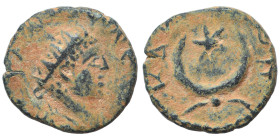 MESOPOTAMIA. Carrhae. Caracalla (or Elagabalus?), 198-217. Ae (bronze, 2.24 g, 14 mm). Laureate, draped and cuirassed bust right. Rev. Crescent with s...