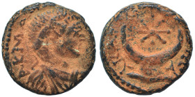 MESOPOTAMIA. Carrhae. Caracalla (or Elagabalus?), 198-217. Ae (bronze, 4.05 g, 16 mm). Laureate, draped and cuirassed bust right. Rev. Crescent with s...