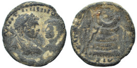 MESOPOTAMIA, Carrhae. Caracalla and Geta (?), 198-217. Ae (bronze, 4.40 g, 20 mm). Laureate, draped, and cuirassed bust of Caracalla on left facing ba...