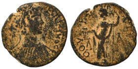 MESSENIA. Thuria. Caracalla, 198-217. Assarion (bronze, 3.32 g, 20 mm). Laureate, draped and cuirassed bust right. Rev. ΘOV[PIATωN] / Λ - A Aphrodite ...