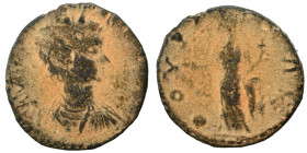MESSENIA. Thuria. Caracalla, 198-217. Assarion (bronze, 3.13 g, 21 mm). Laureate, draped and cuirassed bust right. Rev. [ΘOVPIATωN] / Λ - A Tyche stan...