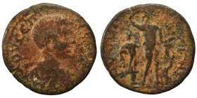LACONIA. Gythium. Geta, as Caesar, 198-209. Assarion (bronze, 3.59 g, 21 mm). Bare-headed, draped and cuirassed bust right. Rev. Apollo naked, raising...