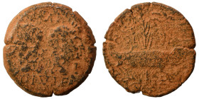 Augustus, with Agrippa, 27 BC-AD 14. As (bronze, 11.30 g, 26 mm), Nemausus. IMP / DIVI F Heads of Agrippa, on the left, wearing rostral crown combined...