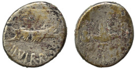 Mark Antony, 44-30 BC. Ae Denarius (silver, 2.55 g, 16 mm), 32/31 BC. Legionary issue, mint moving with Antony in Greece (Patrae?). ANT AVG-III VIR R ...