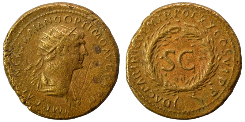 Trajan, 98-117. As (orichalcum, 8.22 g, 23 mm), Rome, for use in Syria. IMP CAES...