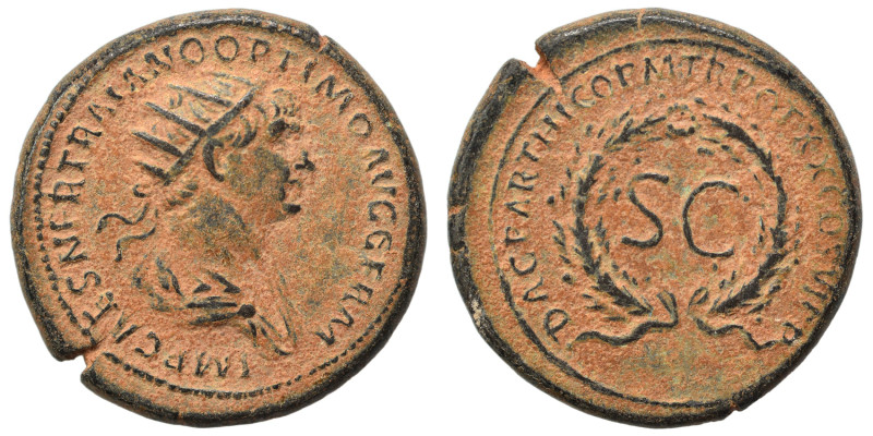 Trajan, 98-117. As (orichalcum, 9.06 g, 25 mm), Rome, for use in Syria. IMP CAES...