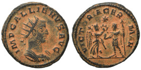 Gallienus, 253-268. Antoninianus (bronze, 3.61 g, 20 mm), Antioch. IMP GALLIENVS AVG Radiate, cuirassed bust right. Rev. VICTORIA GERMAN Victory stand...