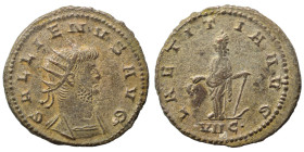 Gallienus, 253-268. Antoninianus (bronze, 3.36 g, 20 mm), Mediolanum. GALLIENVS AVG Radiate head left. Rev. LAETITIA AVG Laetitia standing left, holdi...