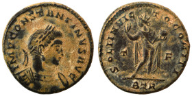 Constantine I, 307/10-337. Follis (bronze, 3.41 g, 19 mm), Treveri (Trier). IMP CONSTANTINVS AVG laureate and cuirassed bust right. Rev. SOLI INVICTO ...