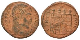 Constantine I, 307/310-337. Follis (bronze, 1.97 g, 18 mm), Arelate. CONSTANTINVS AVG Laureate head to right. Rev. VIRTVS AVGG Camp gate with four tur...