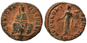 Time of Maximinus II, 310-313. Follis (bronze, 2.02 g, 15 mm), ‘Persecution’ issue, Antioch. GENIO ANTIOCHENI Tyche of Antiochia seated facing on rock...