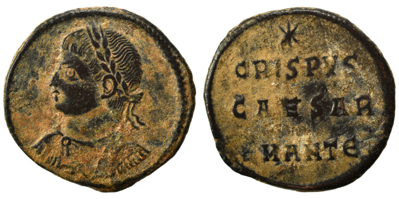 Crispus, Caesar, 316-326. Follis (bronze, 2.18 g, 18 mm), Antioch. Laureate, dra...