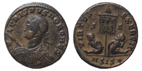 Crispus, Caesar, 316-326. Follis (bronze, 2.69 g, 18 mm). Siscia. IVL CRISPVS NOB CAES Laureate and cuirassed bust left, holding shield and spear. Rev...