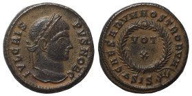 Crispus, Caesar, 316-326. Follis (bronze, 3.34 g, 19 mm), Siscia. IVL CRIS-PVS NOB C Laureate head of Crispus to right. Rev. CAESARVM NOSTRORVM around...