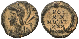 City Commemorative, 330-354. Follis (bronze, 1.86 g, 13 mm), uncretain mint. [VRBS ROMA] Helmeted and mantled bust of Roma left. Rev. VOT XX MVLT XXX ...