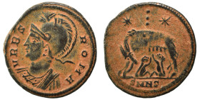 Commemorative Series, 330-354. Follis (bronze, 2.21 g, 18 mm), Nicomedia. VRBS ROMA Helmeted and mantled bust of Roma to left. Rev. She-wolf standing ...