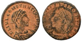 Constantius II, 337-361. Brockage follis (bronze, 1.48 g, 15 mm), Antioch. FL IVL CONSTANTIVS NOB C Laureate and cuirassed bust right. Rev. Incuse of ...