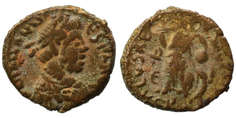 Johannes, usurper, 423-425. Ae (bronze, 1.38 g, 12 mm), Rome. Pearl-diademed, dr...