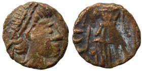 Uncertain, circa 5th centuries AD. Ae (bronze, 0.57 g, 10 mm). Diademed, draped, and cuirassed bust right. Rev. SPE[S…] Victory standing left. Good fi...