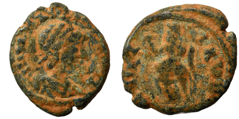 Majorian, 457-461. Ae (bronze, 1.48 g, 13 mm), Ravenna. Diademed, draped, and cu...