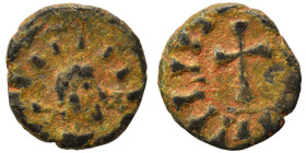 Barbaric or vandals imitation of Roman follis. Ae (bronze, 0.44 g, 8 mm). Head right. Rev. Cross. Nearly very fine.