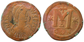 Anastasius I, 491-518. Follis (bronze, 17.93 g, 35 mm), Constantinople. D N ANASTA-SIVS P P AYC Pearl-diademed, draped and cuirassed bust of Anastasiu...