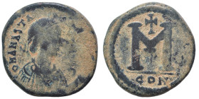 Anastasius I, 491-518. Follis (bronze, 8.77 g, 25 mm), Constantinople. D N ANASTASIVS [P P AVG] Diademed, draped and cuirassed bust of Anastasius I to...