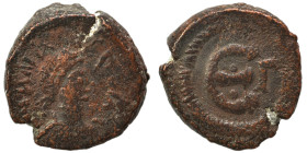 Anastasius I, 491-518. Pentanummium (bronze , 2.80 g, 13 mm). Constantinople. Diademed and draped bust right. Rev. Large E; two pellets and Γ. DOC 26c...
