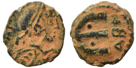 Anastasius I, 491-518. Pentanummium (bronze, 1.07 g, 11 mm), Theoupolis (Antioch). Diademed, draped, and cuirassed bust of Anastasius to right; above,...