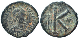 Anastasius I, 491-518. Half Follis (bronze, 3.75 g, 20 mm), Nicomedia. D N ANASTASIVS P P AVG Diademed, draped and cuirassed bust right. Rev. Large K;...