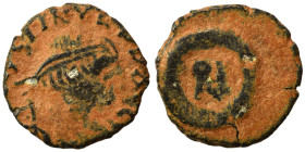 Justin I, 518-527. Pentanummium (bronze, 1.43 g, 14 mm), uncertain mint. D N IVSTINVS P P AVG Diademed, draped and cuirassed bust of Justin I to right...