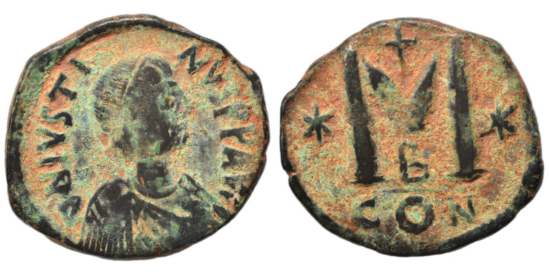 Justin I, 518-527. Follis (bronze, 9.57 g, 30 mm), Eastern imitation. Diademed, ...