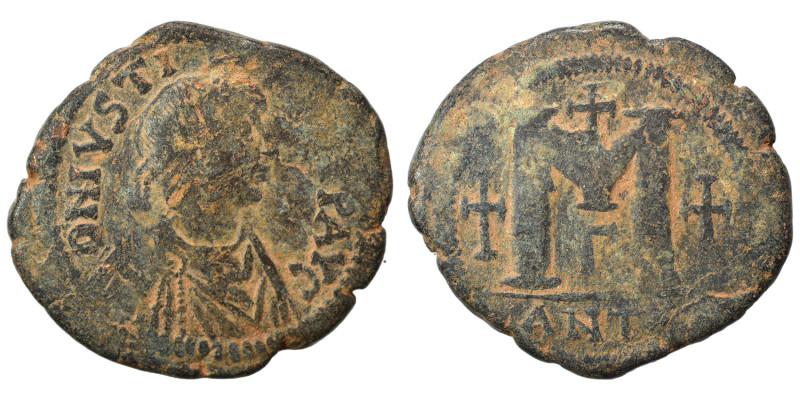 Justin I, 518-527. Follis (bronze, 16.89 g, 34 mm), Theoupolis (Antioch). D N IV...