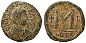 Justin I, 518-527. Follis (bronze, 16.05 g, 32 mm), Theoupolis (Antioch). D N IVSTINVS PP AVC S Diademed and draped bust of Justin I to right. Rev. La...