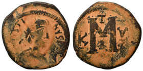 Justin I, 518-527. Follis (bronze, 16.30 g, 31 mm), Cyzicus. D N IVSTINVS P P AVG or similar, Diademed and draped bust to right. Rev. Large M between ...