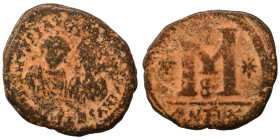 Justin I with Justinian I, 527. Follis (bronze, 15.20 g, 32 mm), Theoupolis (Antioch). D N D N IVSTINVS ЄT IVSTINIANVS P P AVG Diademed, draped, nimba...