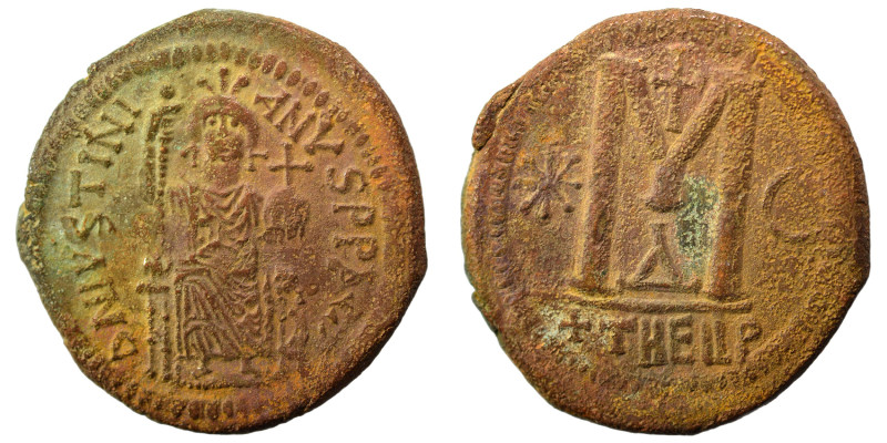 Justinian I, 527-565. Follis (bronze, 17.33 g, 33 mm), Theoupolis (Antioch). Jus...