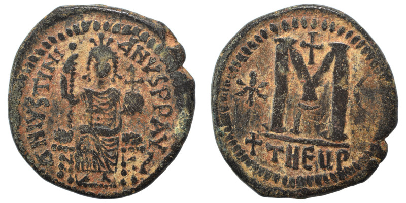 Justinian I, 527-565. Follis (bronze, 17.56 g, 33 mm), Theoupolis (Antioch). Jus...