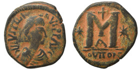 Justinian I, 527-565. Follis (bronze, 10.32 g, 29 mm), Theoupolis (Antioch). DN IVSTINIANVS PP AVC Pearl diademed, draped, cuirassed bust right. Rev. ...