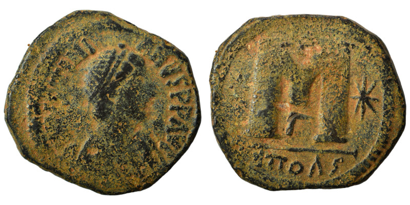 Justinian I, 527-565. Follis (bronze, 15.17 g, 30 mm), Theoupolis (Antioch). DN ...