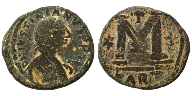 Justinian I, 527-565. Follis (bronze, 12.23 g, 27 mm), Carthage. DN IVSTINIANVS ...
