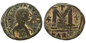 Justinian I, 527-565. Follis (bronze, 12.23 g, 27 mm), Carthage. DN IVSTINIANVS P P AVG Diademed, draped and cuirassed bust right. Rev. Large M; star ...