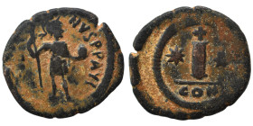 Justin II, 565-578. Dekanummium (bronze, 3.88 g, 21 mm), Constantinople. D N IVSTINVS P P AVG Justin II, in military attire, standing front, head to r...